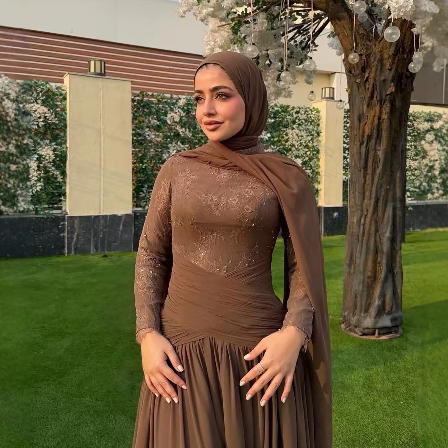 Luxury Coffee Muslim Long Sleeve Beaded Lace A-Line Dress LA73862 SERENE HILL