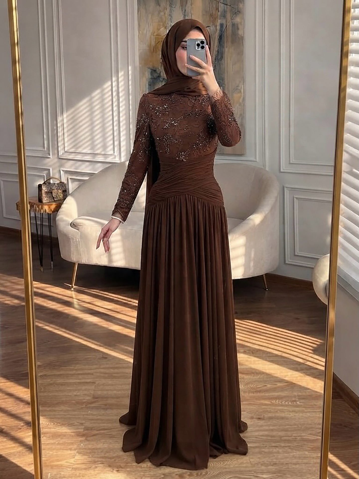 Luxury Coffee Muslim Long Sleeve Beaded Lace A Line Dress LA73862 SERENE HILL