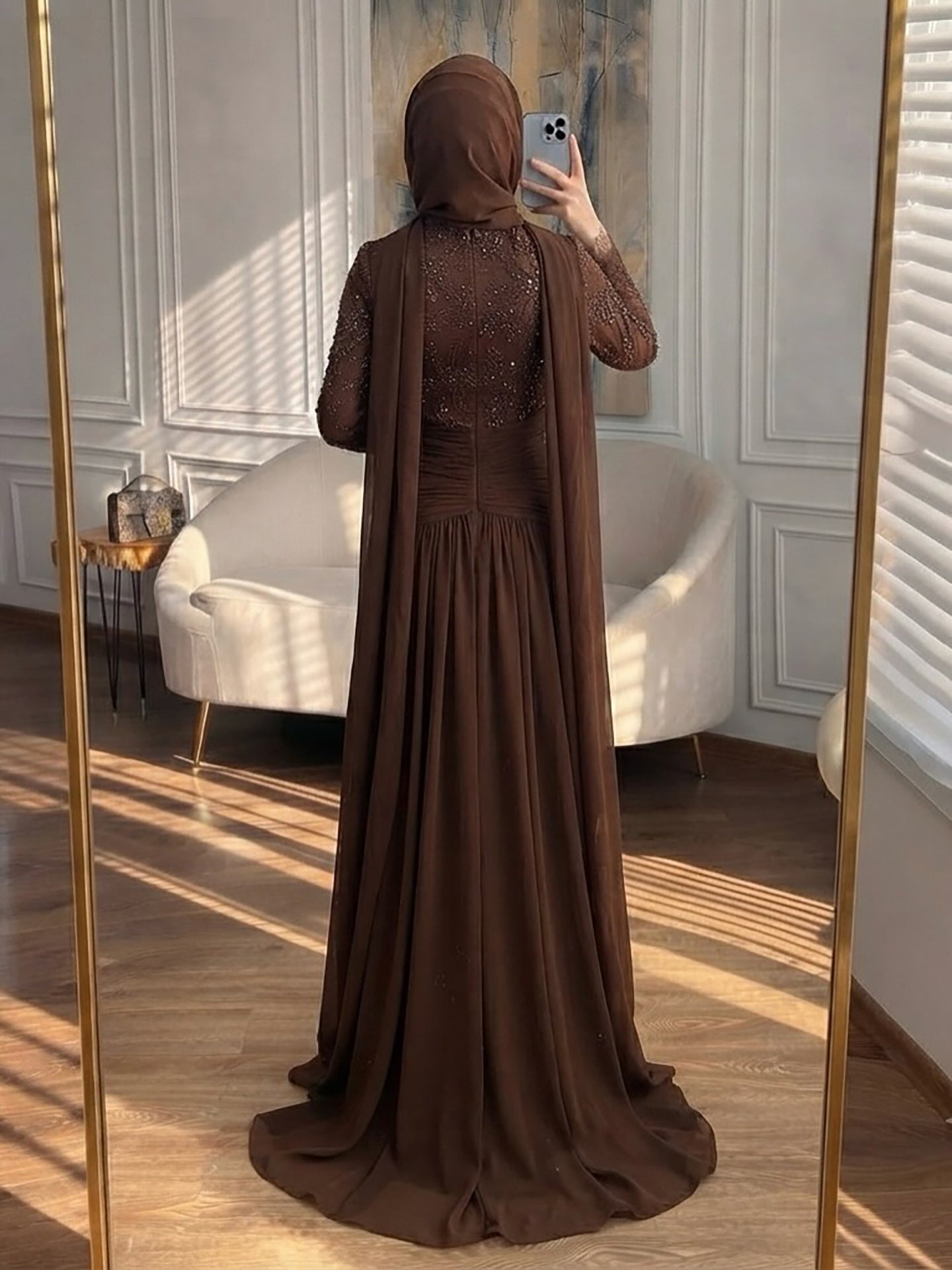 Luxury Coffee Muslim Long Sleeve Beaded Lace A Line Dress LA73862 SERENE HILL