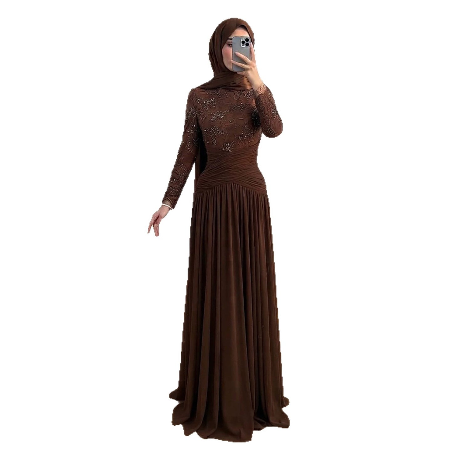 Luxury Coffee Muslim Long Sleeve Beaded Lace A Line Dress LA73862 SERENE HILL