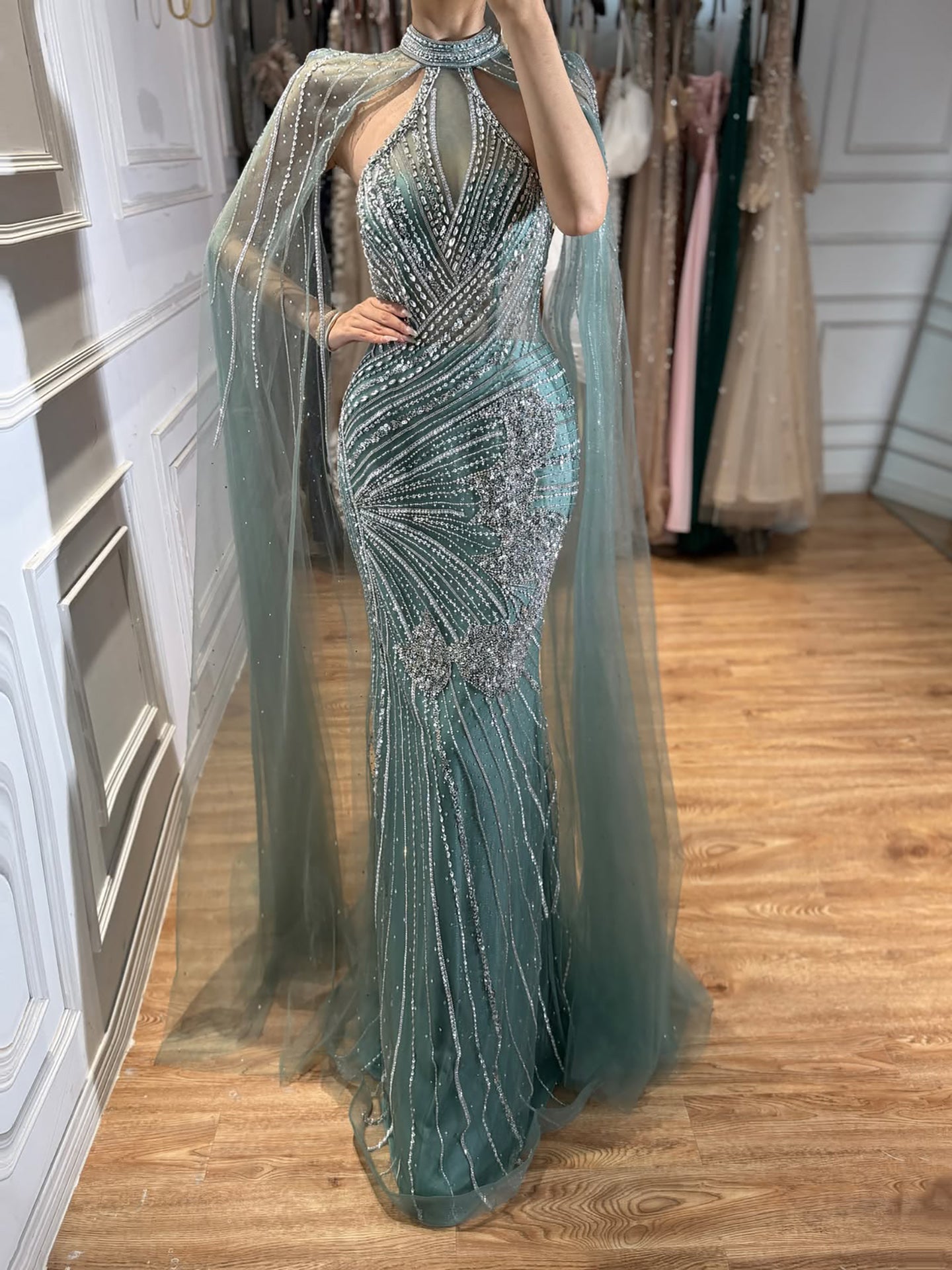 Luxury Nude Crystal Beaded Cape Sleeves Mermaid Evening Dress LA73863 SERENE HILL
