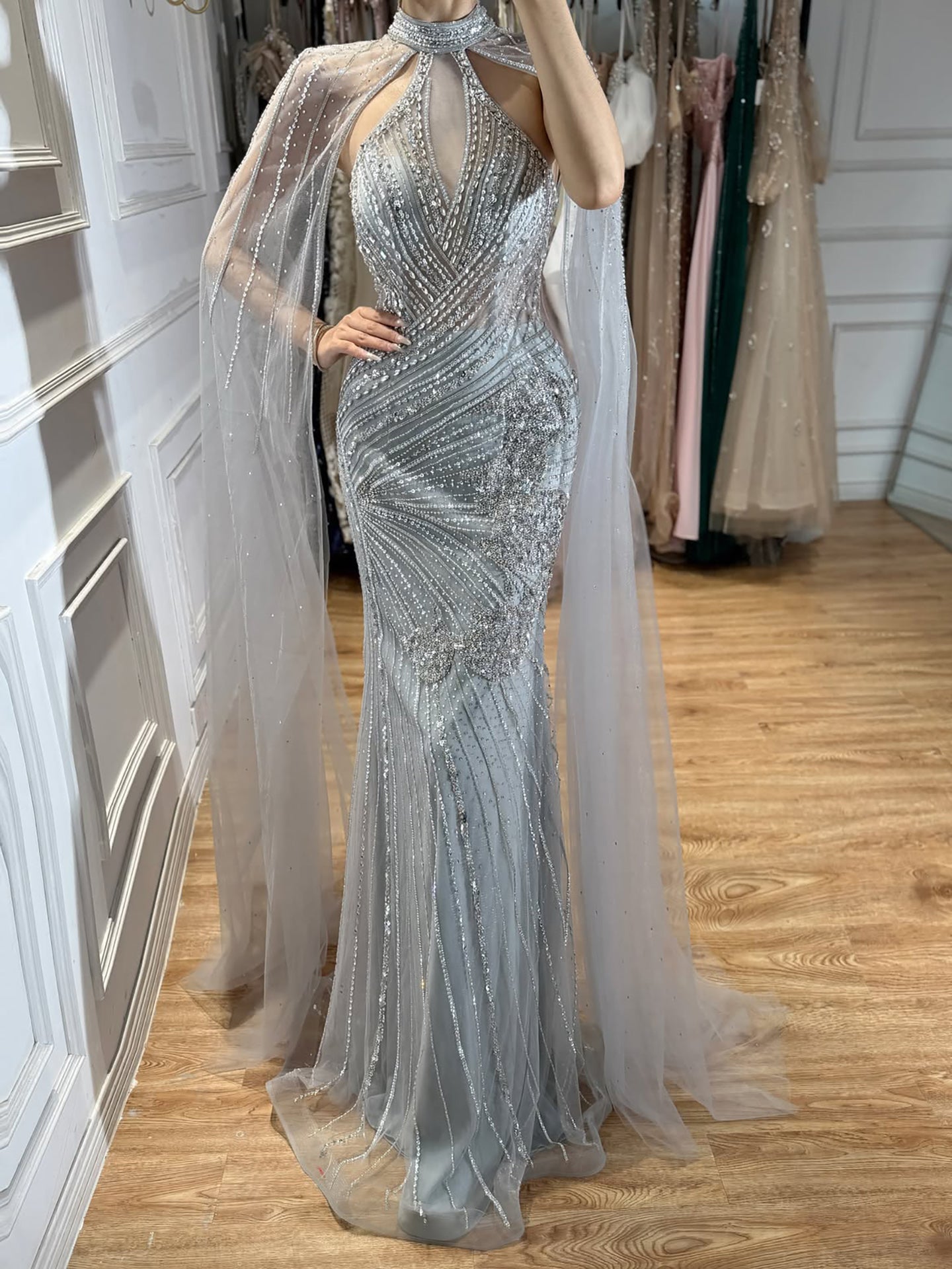 Luxury Nude Crystal Beaded Cape Sleeves Mermaid Evening Dress LA73863 SERENE HILL