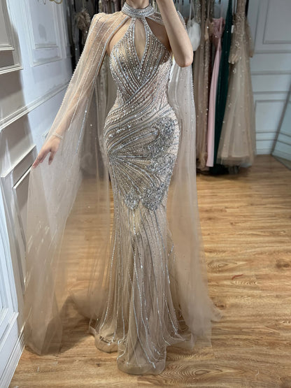 Luxury Nude Crystal Beaded Cape Sleeves Mermaid Evening Dress LA73863 SERENE HILL