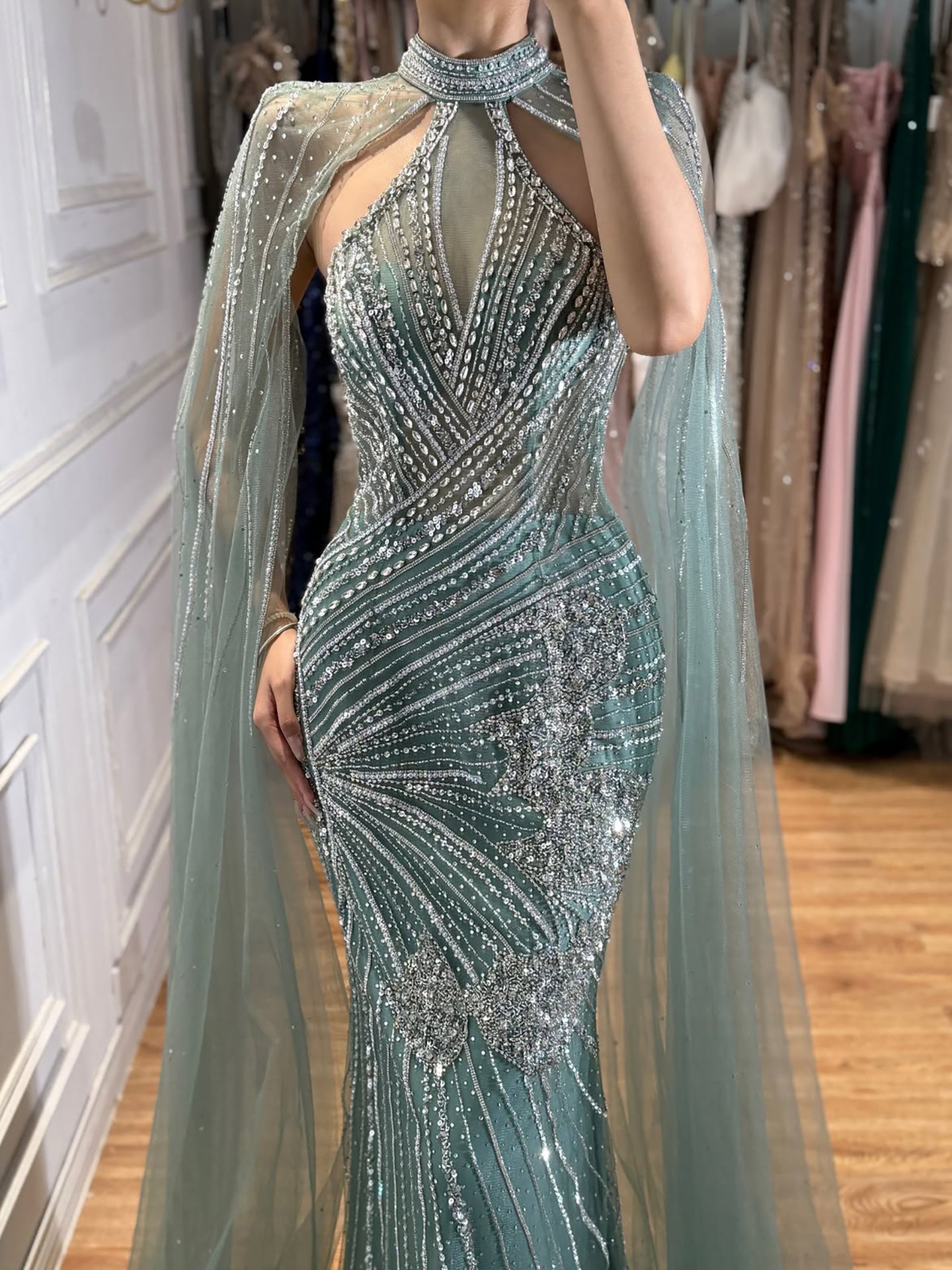 Luxury Nude Crystal Beaded Cape Sleeves Mermaid Evening Dress LA73863 SERENE HILL