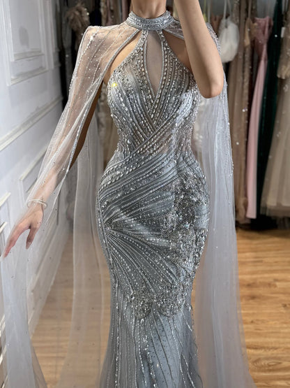 Luxury Nude Crystal Beaded Cape Sleeves Mermaid Evening Dress LA73863 SERENE HILL