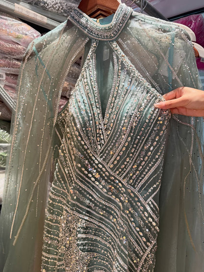 Luxury Nude Crystal Beaded Cape Sleeves Mermaid Evening Dress LA73863 SERENE HILL