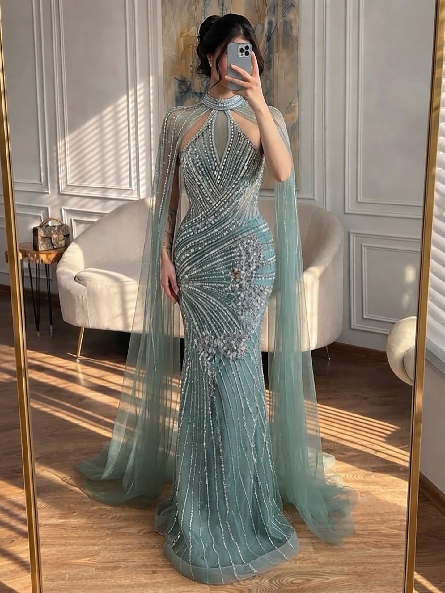 Luxury Nude Crystal Beaded Cape Sleeves Mermaid Evening Dress LA73863 SERENE HILL