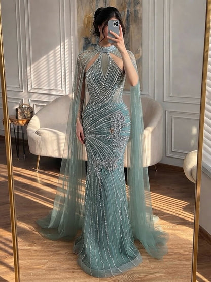 Luxury Nude Crystal Beaded Cape Sleeves Mermaid Evening Dress LA73863 SERENE HILL