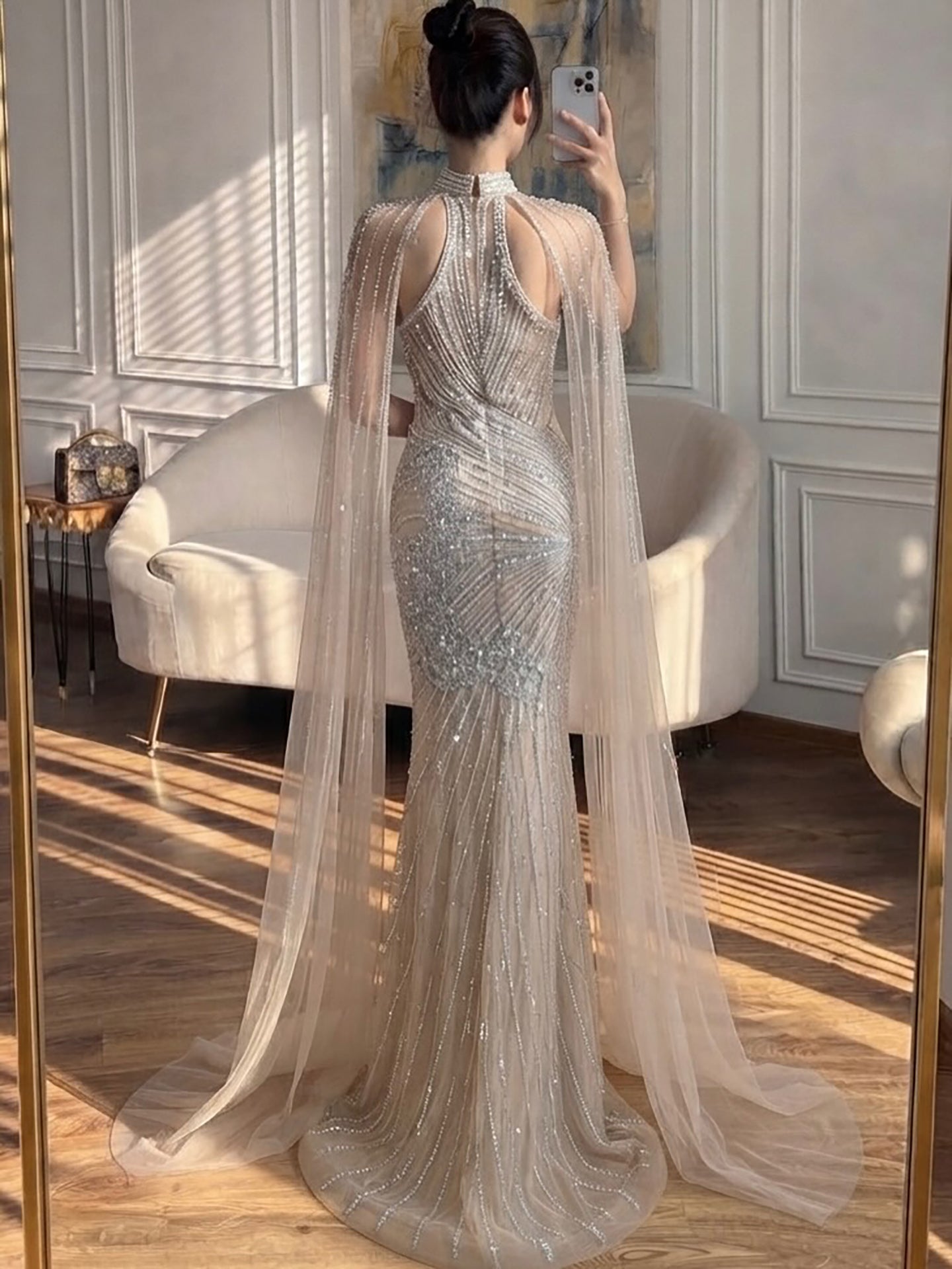 Luxury Nude Crystal Beaded Cape Sleeves Mermaid Evening Dress LA73863 SERENE HILL