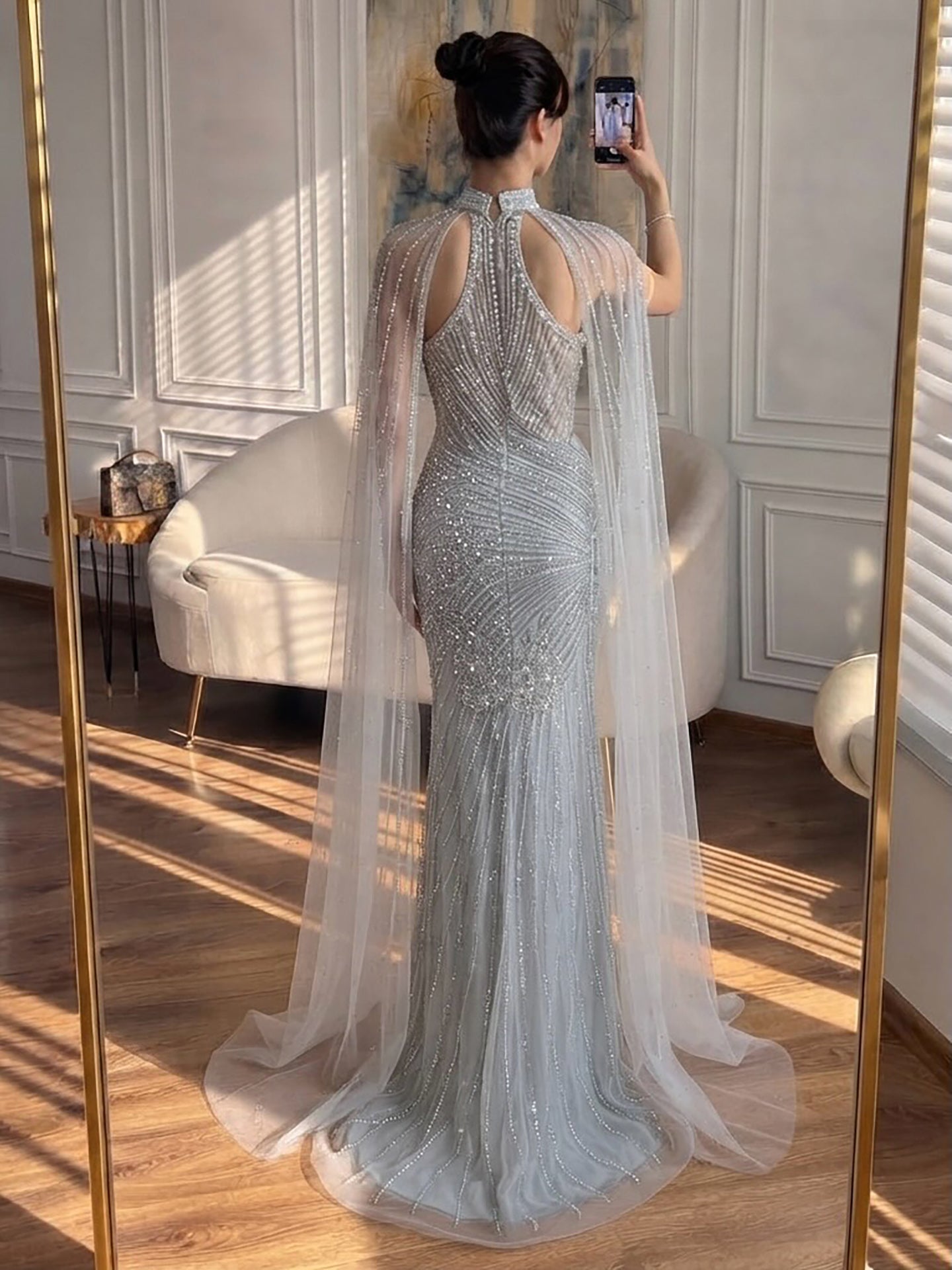 Luxury Nude Crystal Beaded Cape Sleeves Mermaid Evening Dress LA73863 SERENE HILL