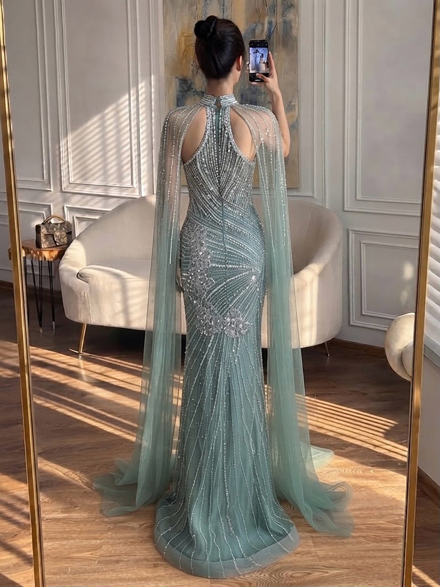 Luxury Nude Crystal Beaded Cape Sleeves Mermaid Evening Dress LA73863 SERENE HILL