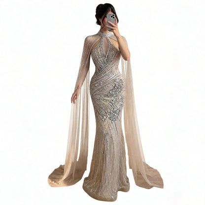 Luxury Nude Crystal Beaded Cape Sleeves Mermaid Evening Dress LA73863 SERENE HILL