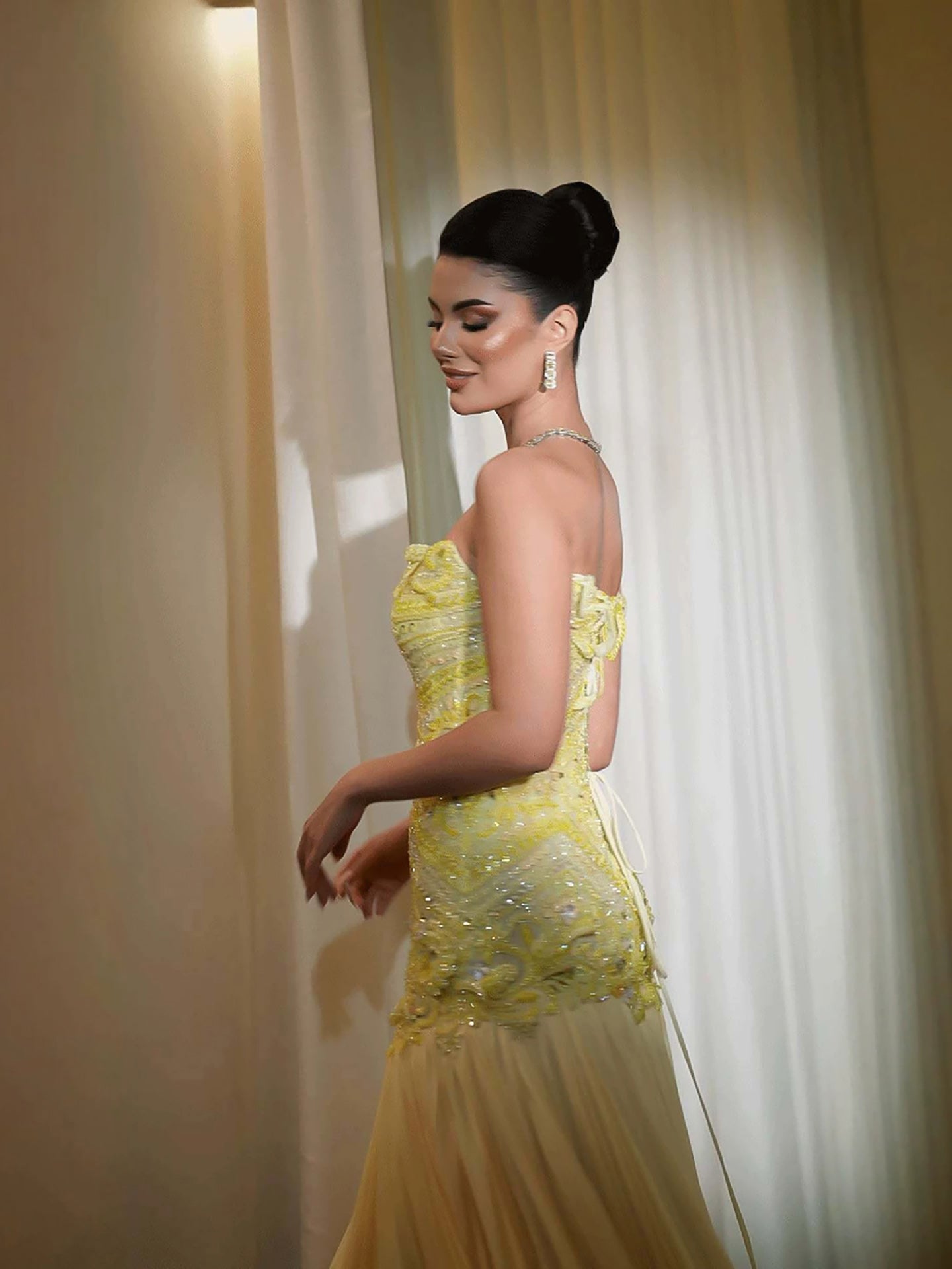 Luxury Yellow Strapless Beaded Longline Corset A-Line Dress LA73867 Yellow / 10
