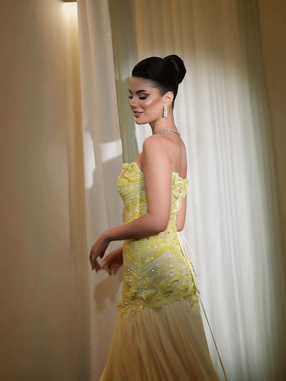 Luxury Yellow Strapless Beaded Longline Corset A-Line Dress LA73867 SERENE HILL
