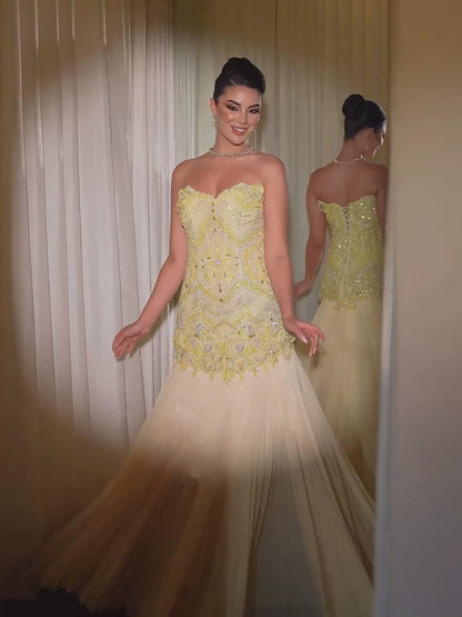 Luxury Yellow Strapless Beaded Longline Corset A-Line Dress LA73867 SERENE HILL