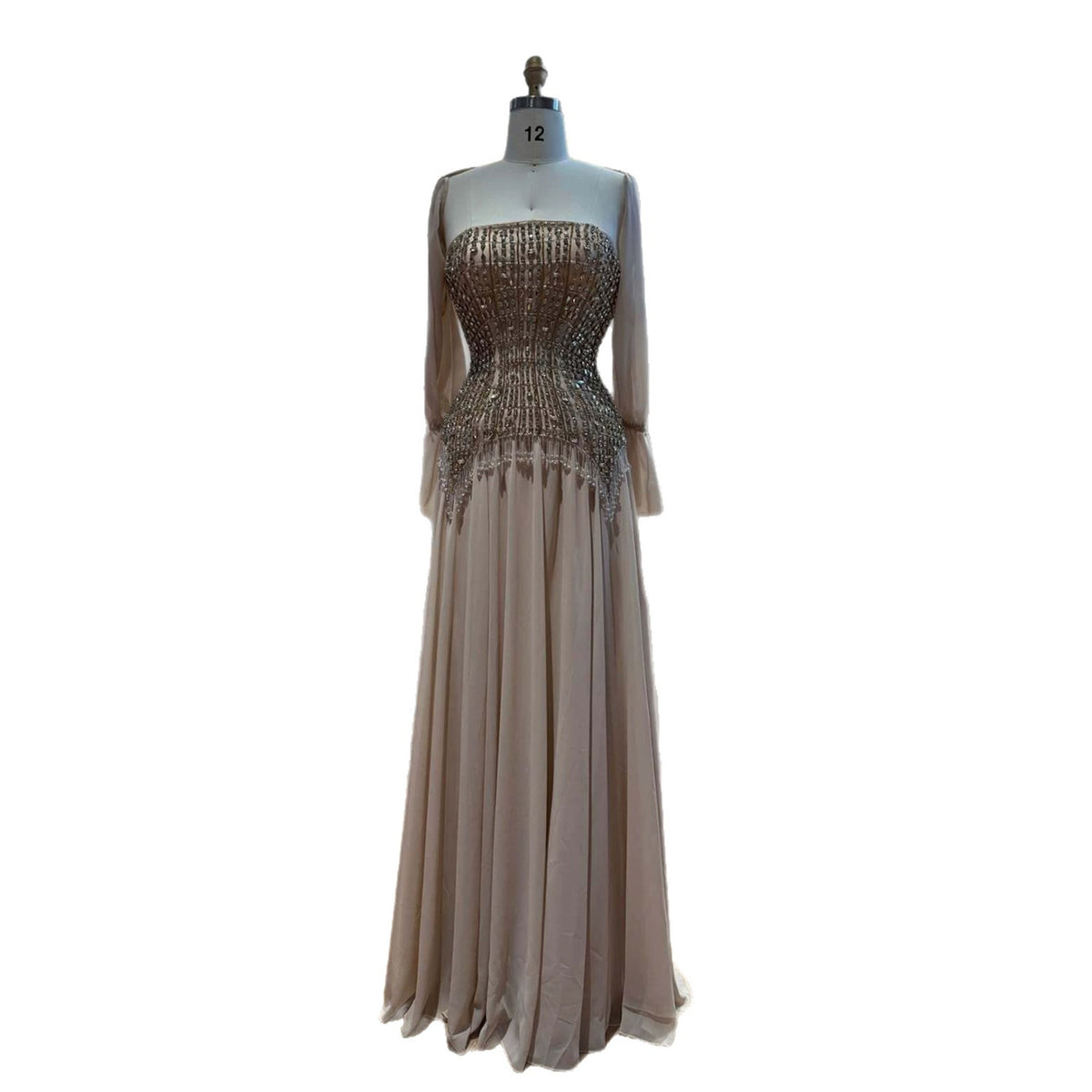 Luxury Nude Crystal Beaded Tassel Chiffon Evening Dress LA73871