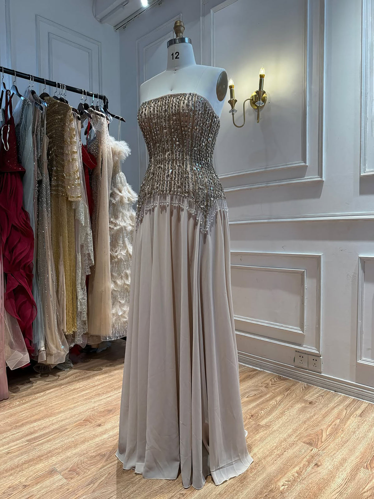 Luxury Nude Crystal Beaded Tassel Chiffon Evening Dress LA73871