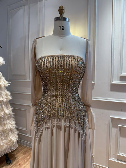 Luxury Nude Crystal Beaded Tassel Chiffon Evening Dress LA73871
