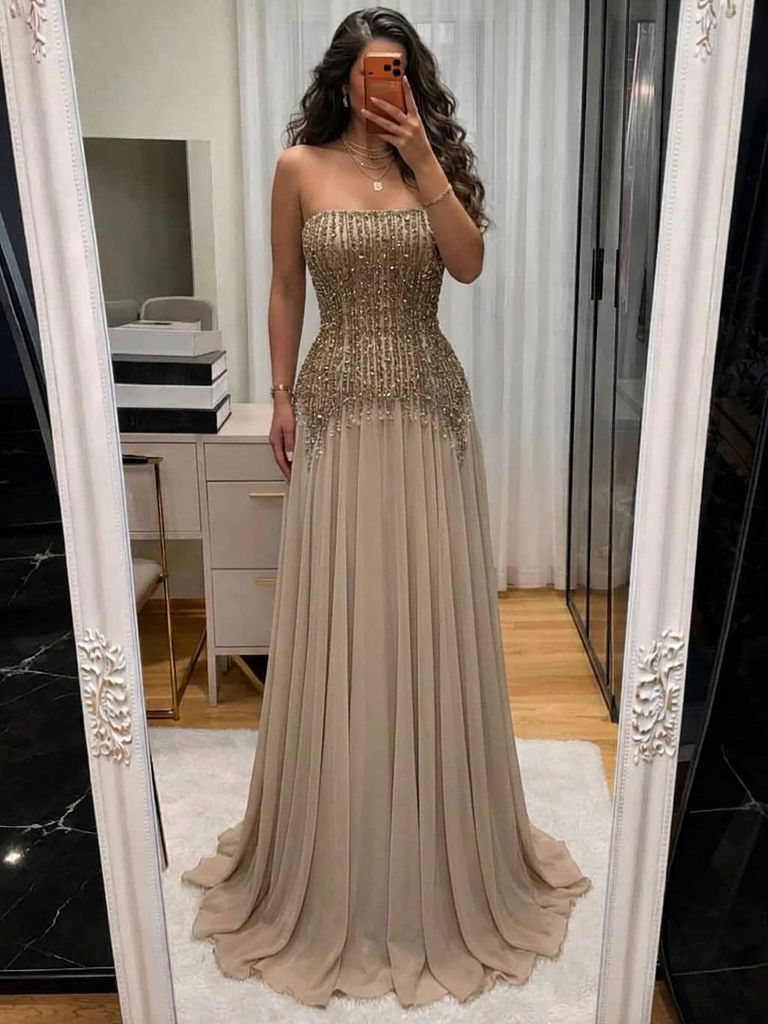 Luxury Nude Crystal Beaded Tassel Chiffon Evening Dress LA73871