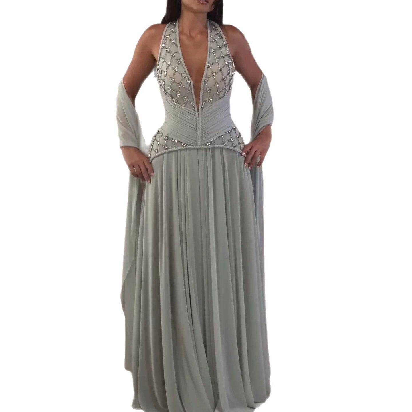 Luxury Sage Green Halter Crystal Beaded A-Line Evening Dress LA73872 SERENE HILL
