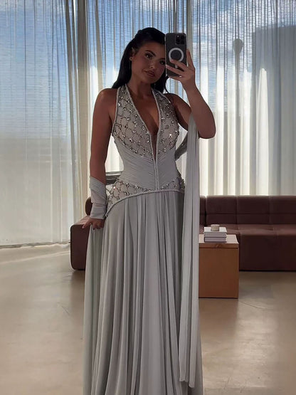 Luxury Sage Green Halter Crystal Beaded A-Line Evening Dress LA73872 SERENE HILL