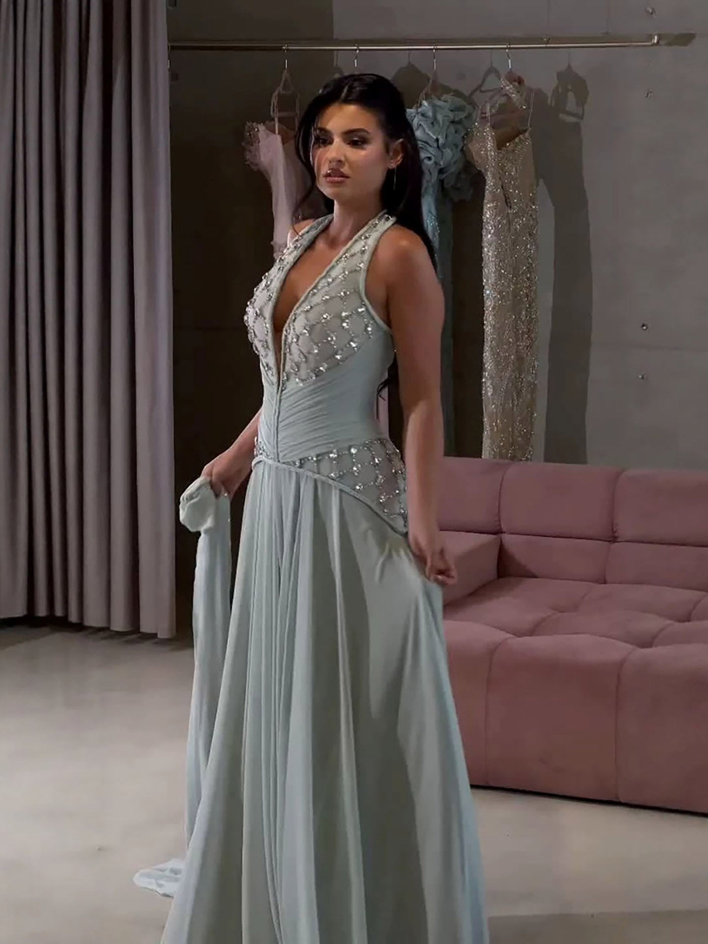 Luxury Sage Green Halter Crystal Beaded A-Line Evening Dress LA73872 SERENE HILL