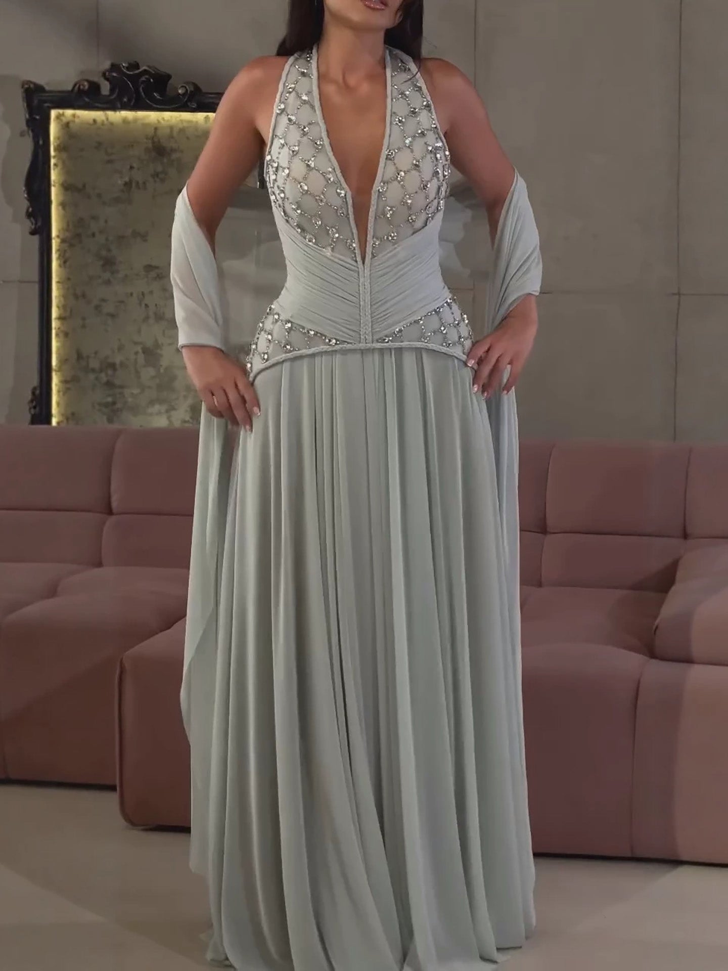 Luxury Sage Green Halter Crystal Beaded A-Line Evening Dress LA73872 SERENE HILL
