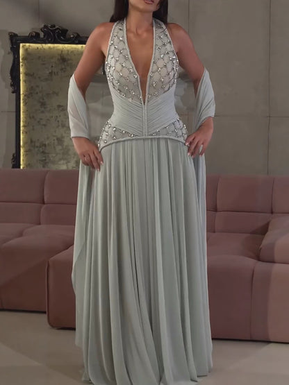 Luxury Sage Green Halter Crystal Beaded A-Line Evening Dress LA73872 SERENE HILL