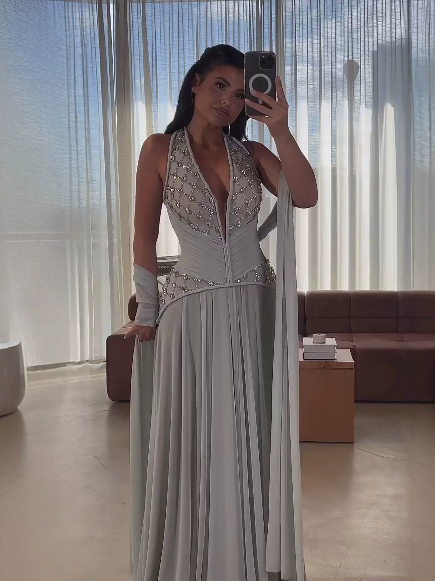 Luxury Sage Green Halter Crystal Beaded A-Line Evening Dress LA73872 SERENE HILL