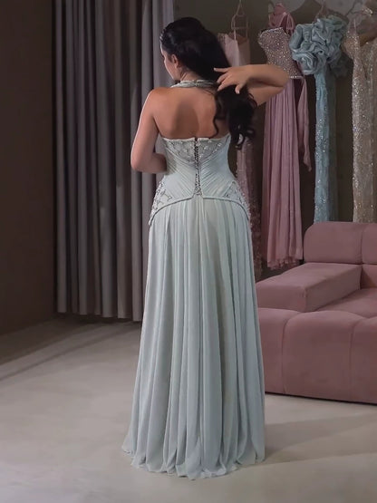 Luxury Sage Green Halter Crystal Beaded A-Line Evening Dress LA73872 SERENE HILL