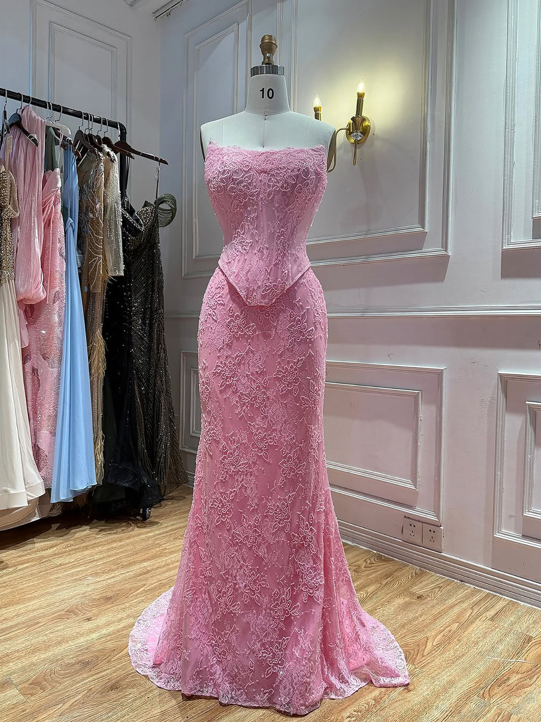 Luxury Pink Lace Beaded Strapless Mermaid Evening Dress LA73875