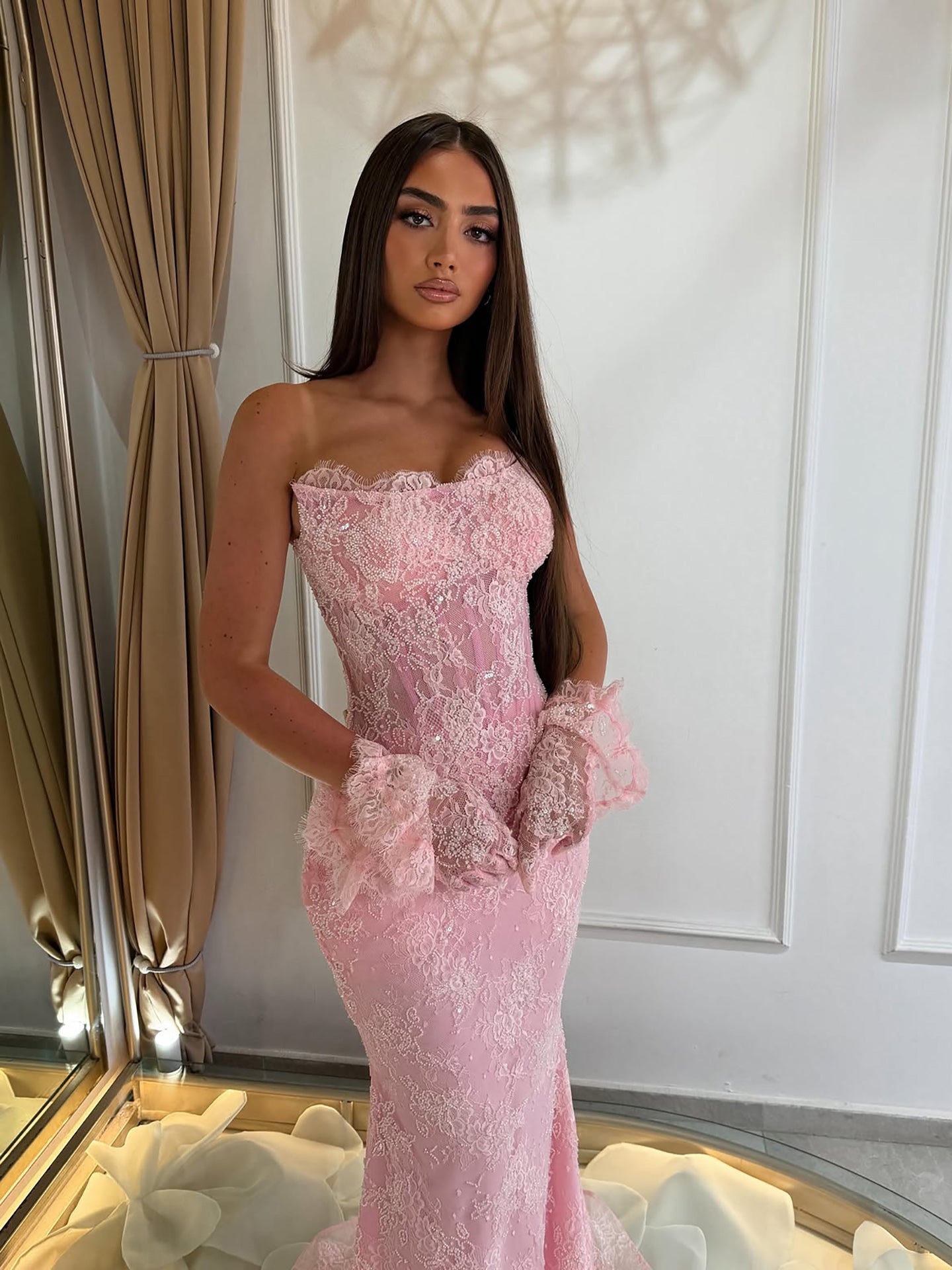 Luxury Pink Lace Beaded Strapless Mermaid Evening Dress LA73875 SERENE HILL