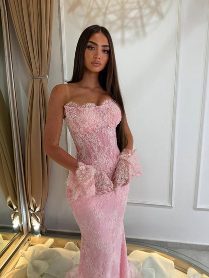 Luxury Pink Lace Beaded Strapless Mermaid Evening Dress LA73875 SERENE HILL