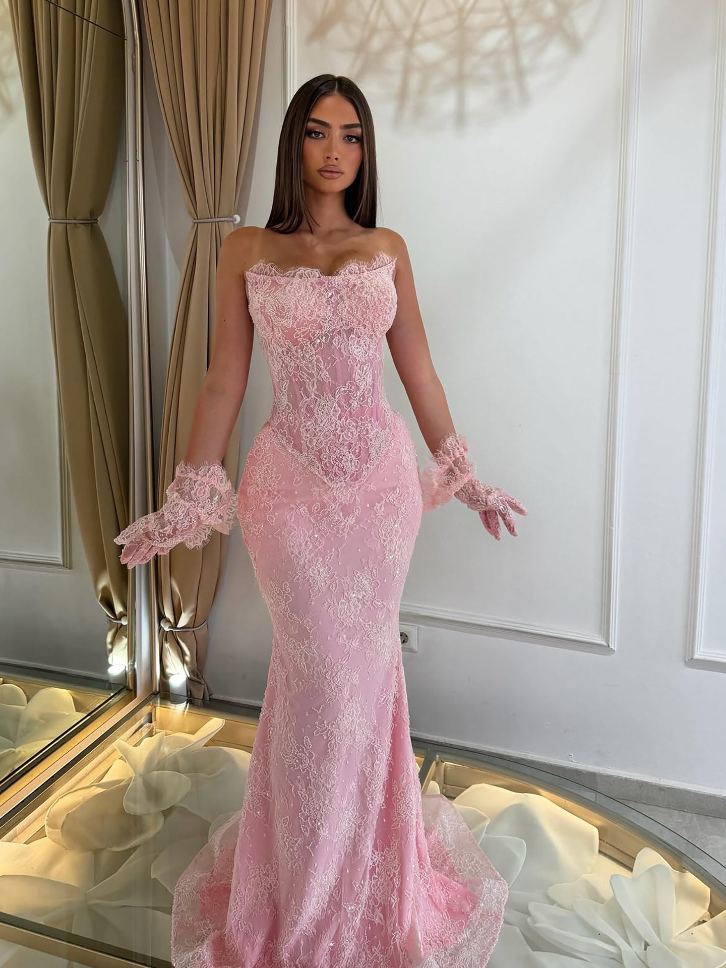 Luxury Pink Lace Beaded Strapless Mermaid Evening Dress LA73875 SERENE HILL
