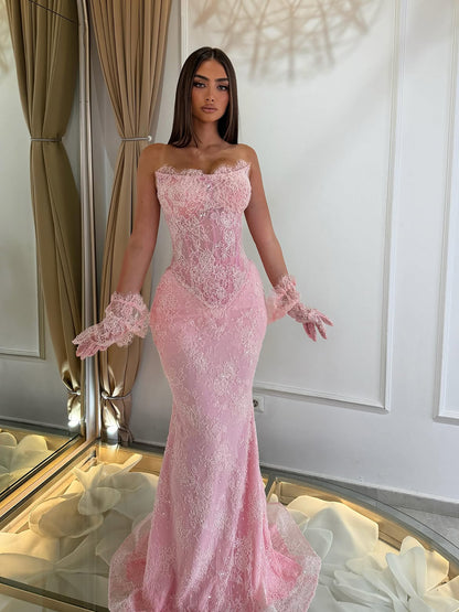 Luxury Pink Lace Beaded Strapless Mermaid Evening Dress LA73875 SERENE HILL