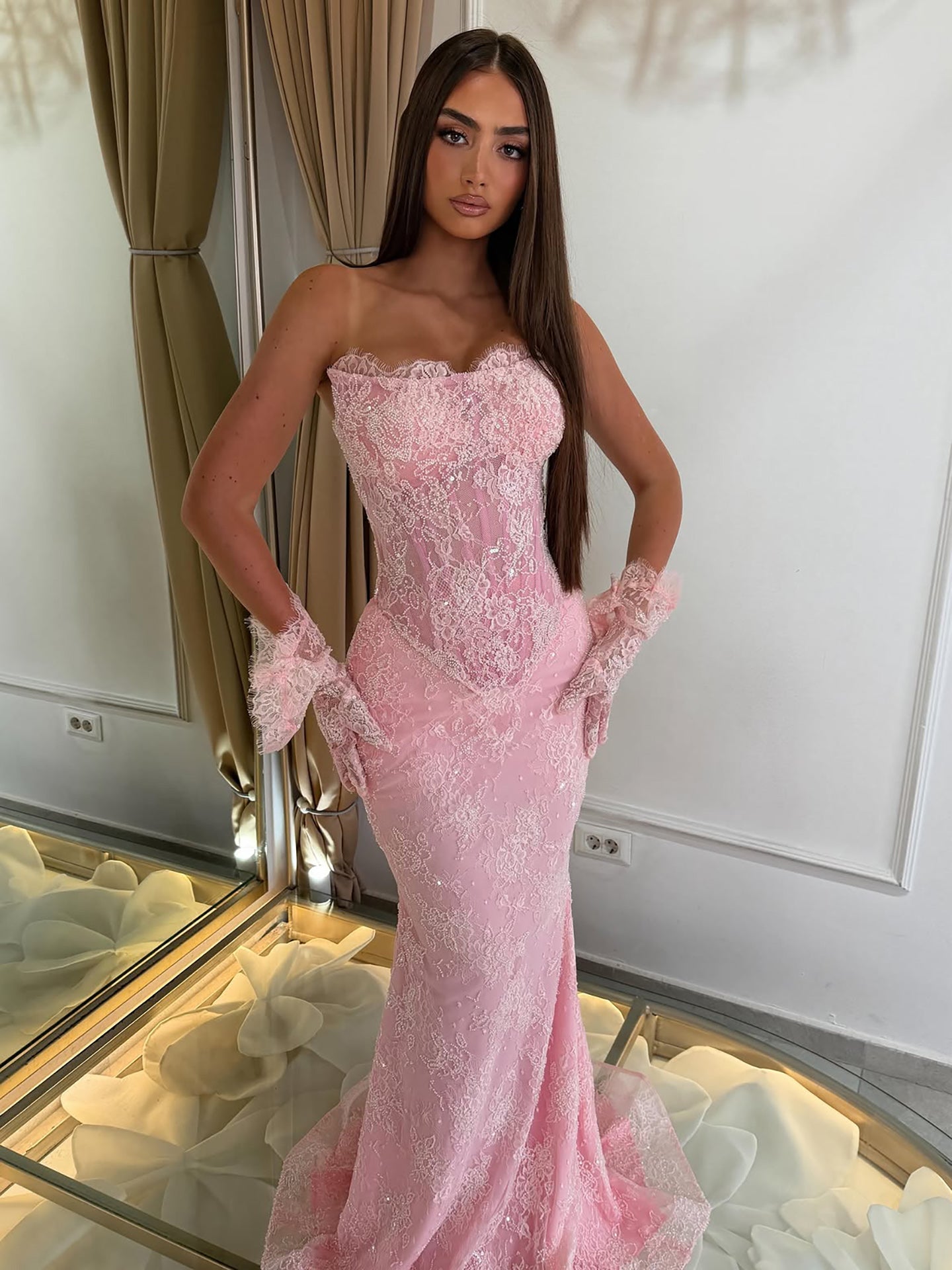 Luxury Pink Lace Beaded Strapless Mermaid Evening Dress LA73875 SERENE HILL