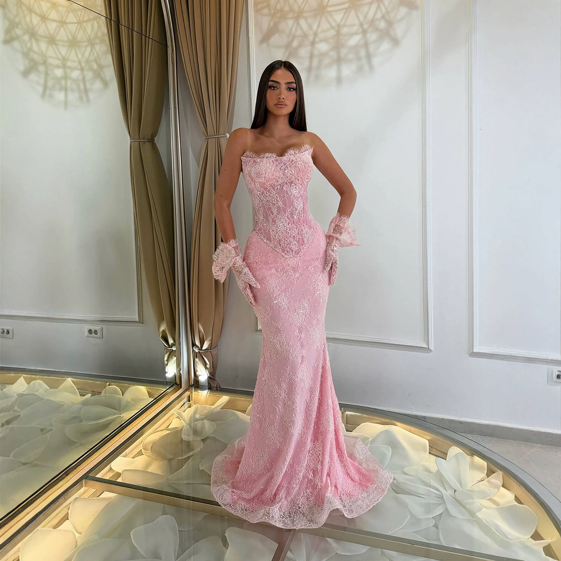 Luxury Pink Lace Beaded Strapless Mermaid Evening Dress LA73875 SERENE HILL