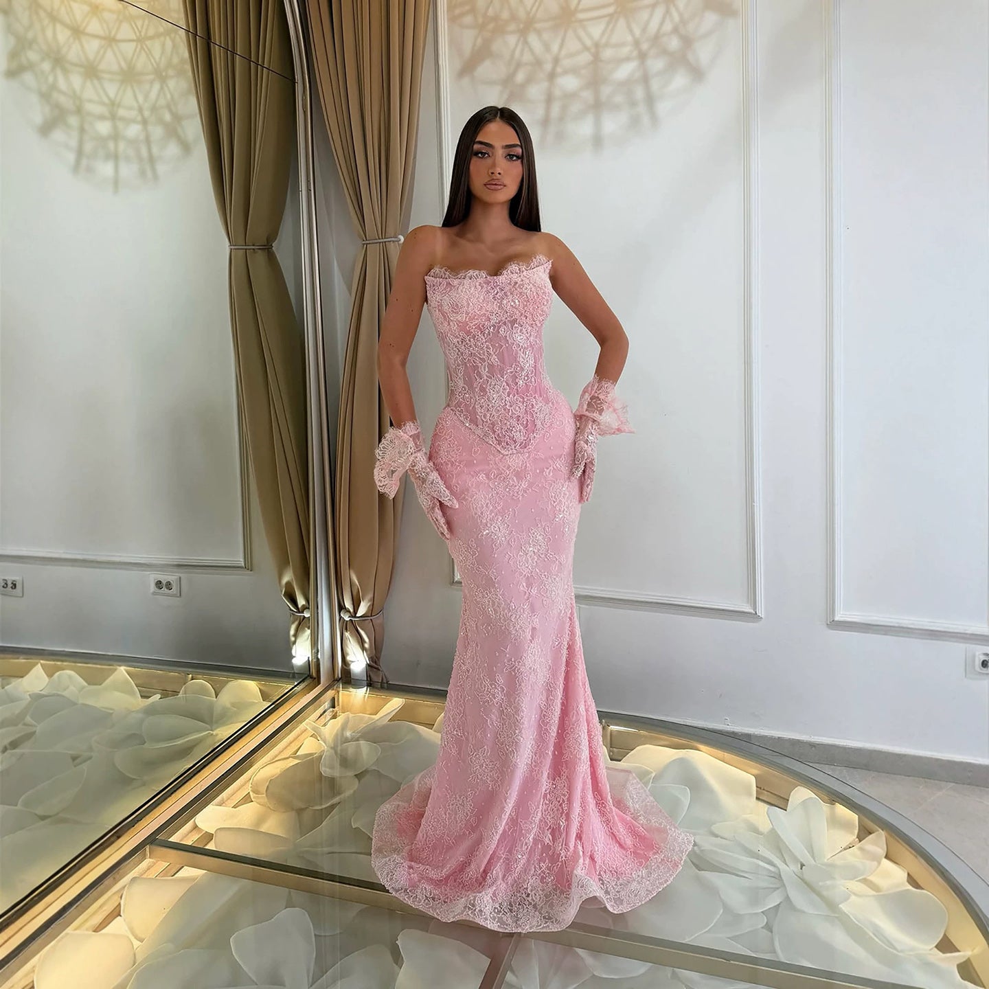 Luxury Pink Lace Beaded Strapless Mermaid Evening Dress LA73875 SERENE HILL