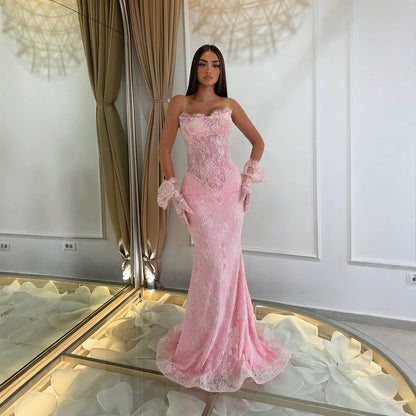 Luxury Pink Lace Beaded Strapless Mermaid Evening Dress LA73875 SERENE HILL