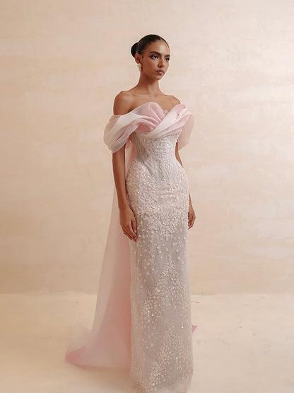 Luxury Pink Off the Shoulder Beaded Mermaid Evening Dress LA73877 SERENE HILL