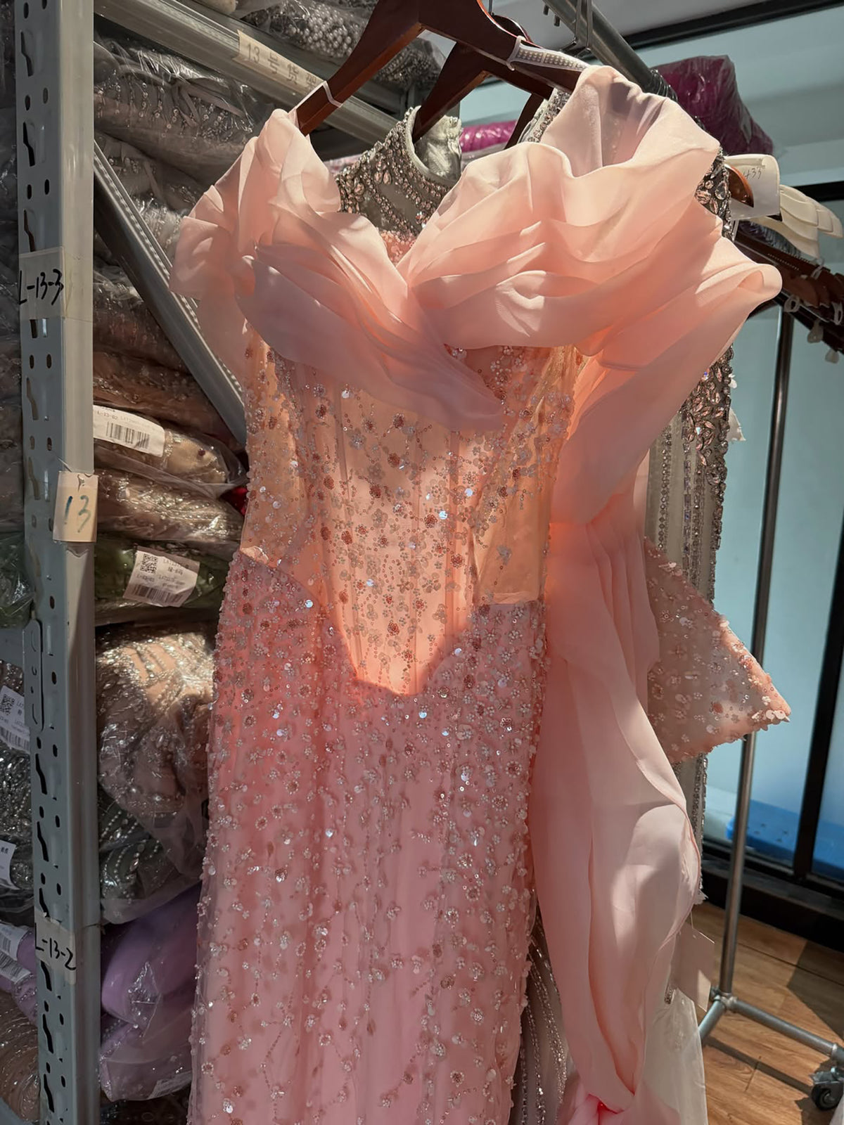 Luxury Pink Off the Shoulder Beaded Mermaid Evening Dress LA73877
