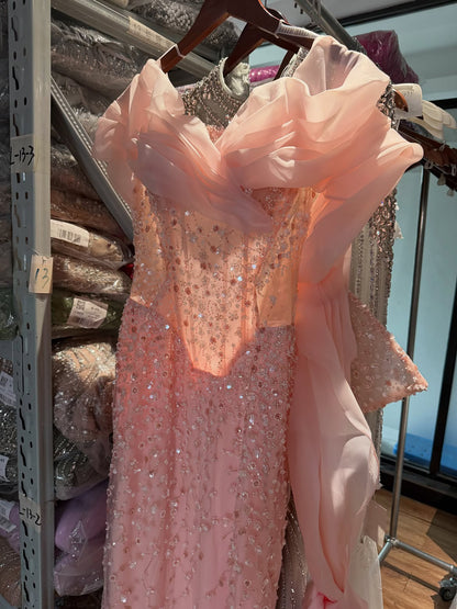 Luxury Pink Off the Shoulder Beaded Mermaid Evening Dress LA73877