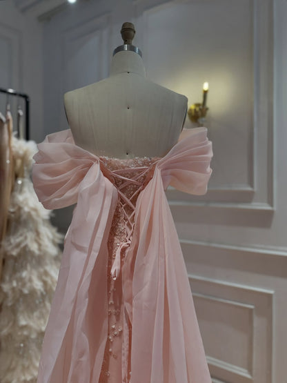 Luxury Pink Off the Shoulder Beaded Mermaid Evening Dress LA73877