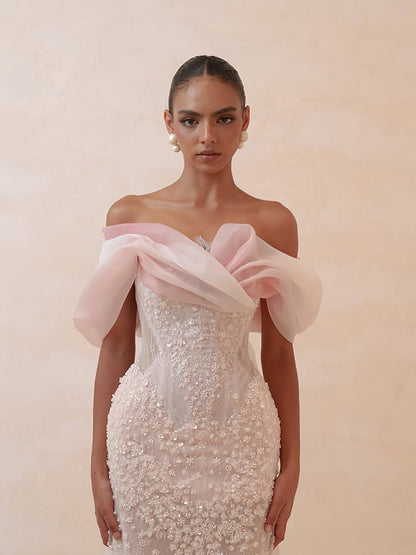Luxury Pink Off the Shoulder Beaded Mermaid Evening Dress LA73877 SERENE HILL