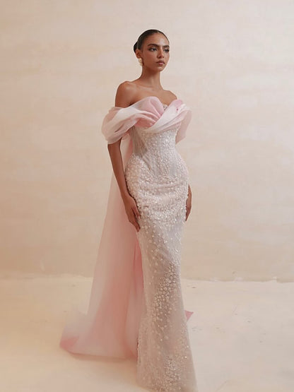 Luxury Pink Off the Shoulder Beaded Mermaid Evening Dress LA73877 SERENE HILL