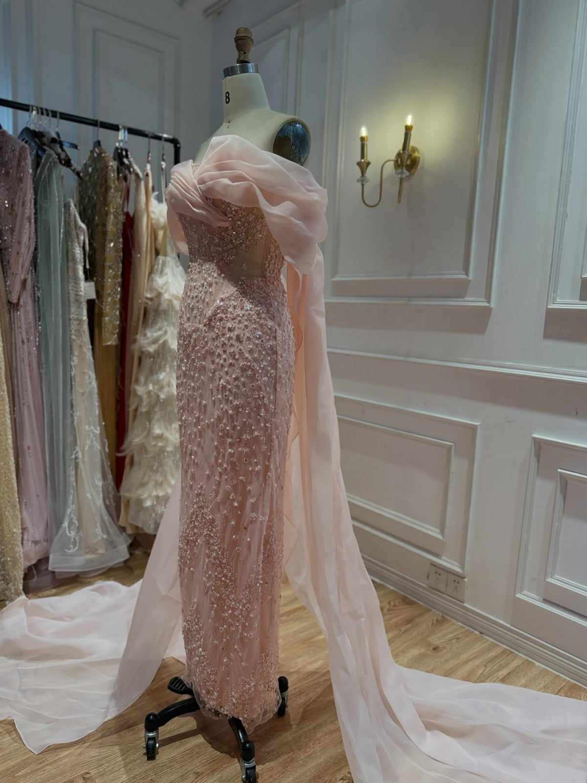 Luxury Pink Off the Shoulder Beaded Mermaid Evening Dress LA73877