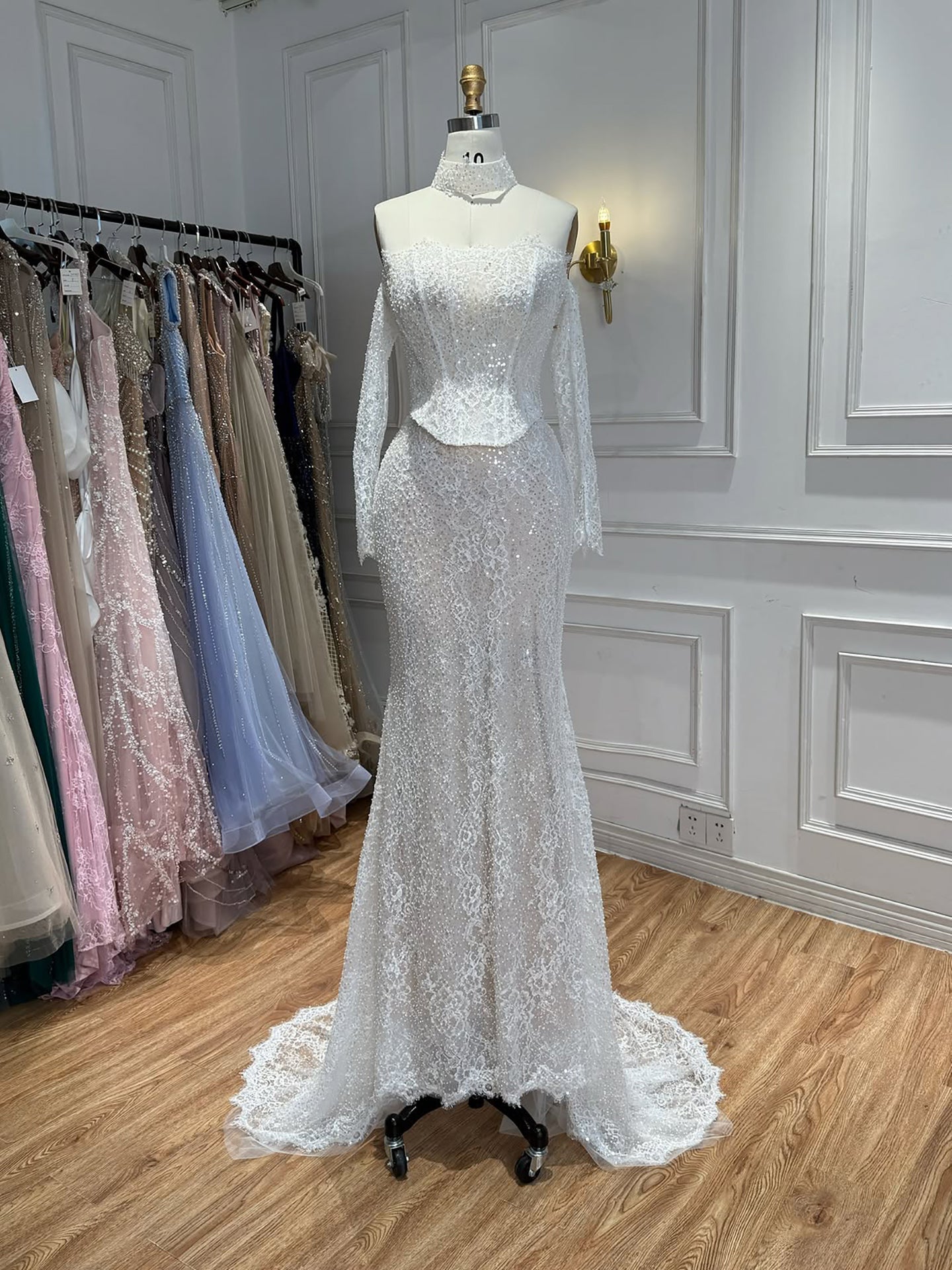Luxury White Off the Shoulder Beaded Lace Mermaid Bridal Gown LA73878 SERENE HILL