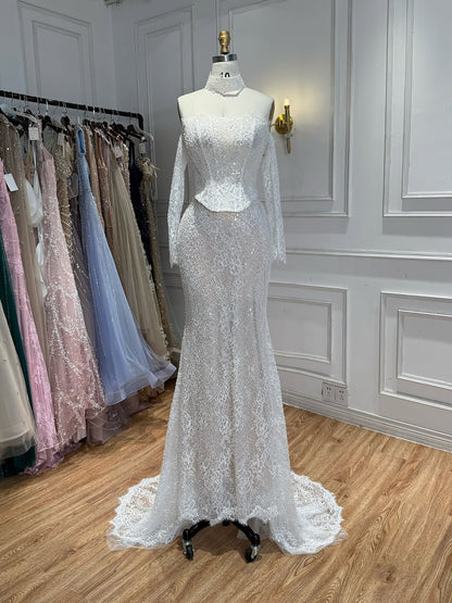 Luxury White Off the Shoulder Beaded Lace Mermaid Bridal Gown LA73878 SERENE HILL