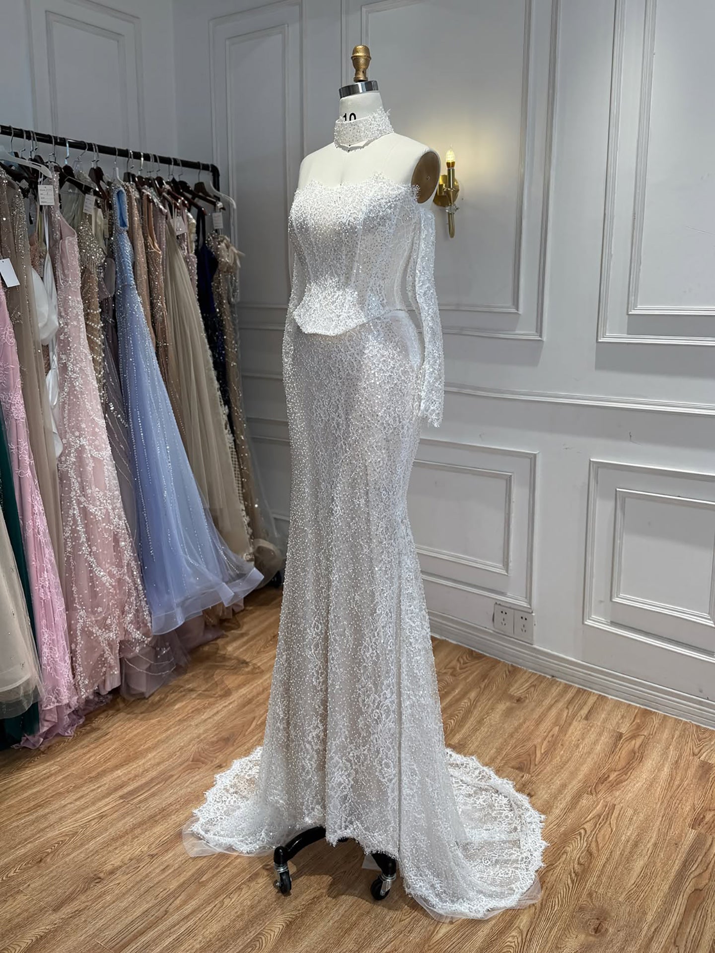 Luxury White Off the Shoulder Beaded Lace Mermaid Bridal Gown LA73878 SERENE HILL