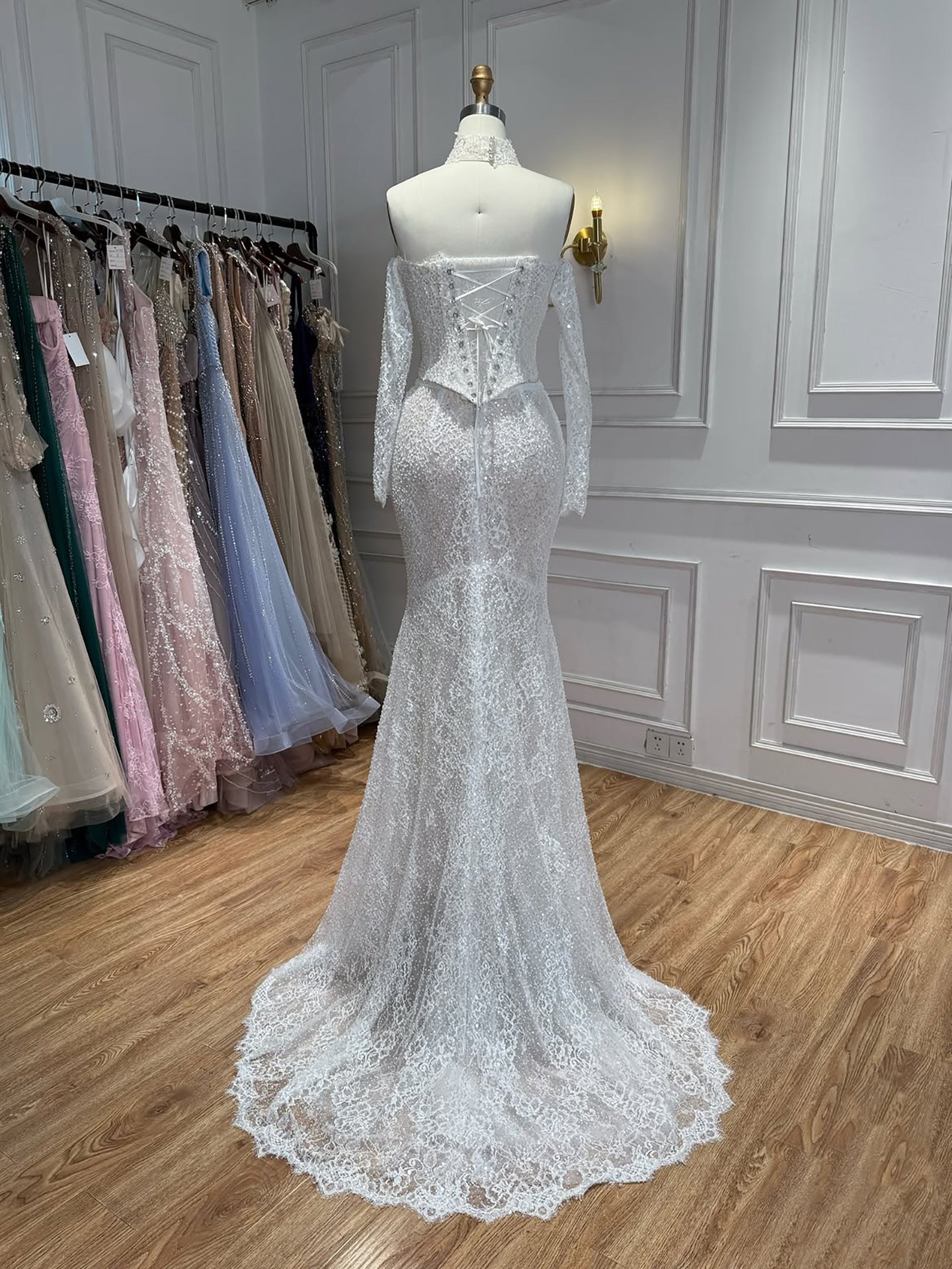Luxury White Off the Shoulder Beaded Lace Mermaid Bridal Gown LA73878 SERENE HILL